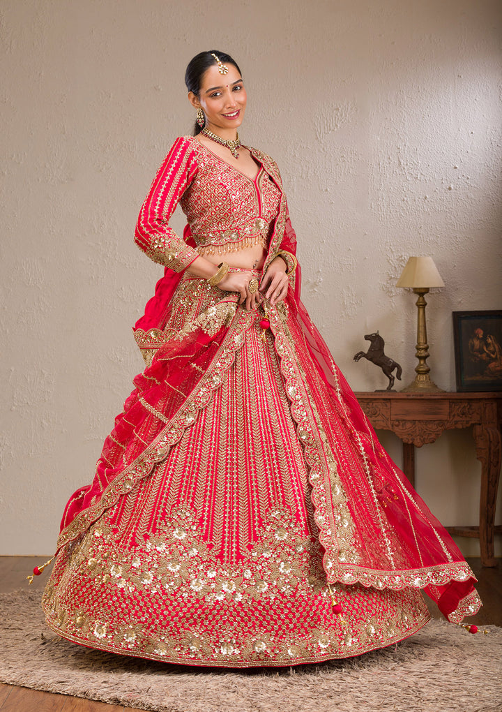 Red Zariwork Raw Silk Readymade Lehenga