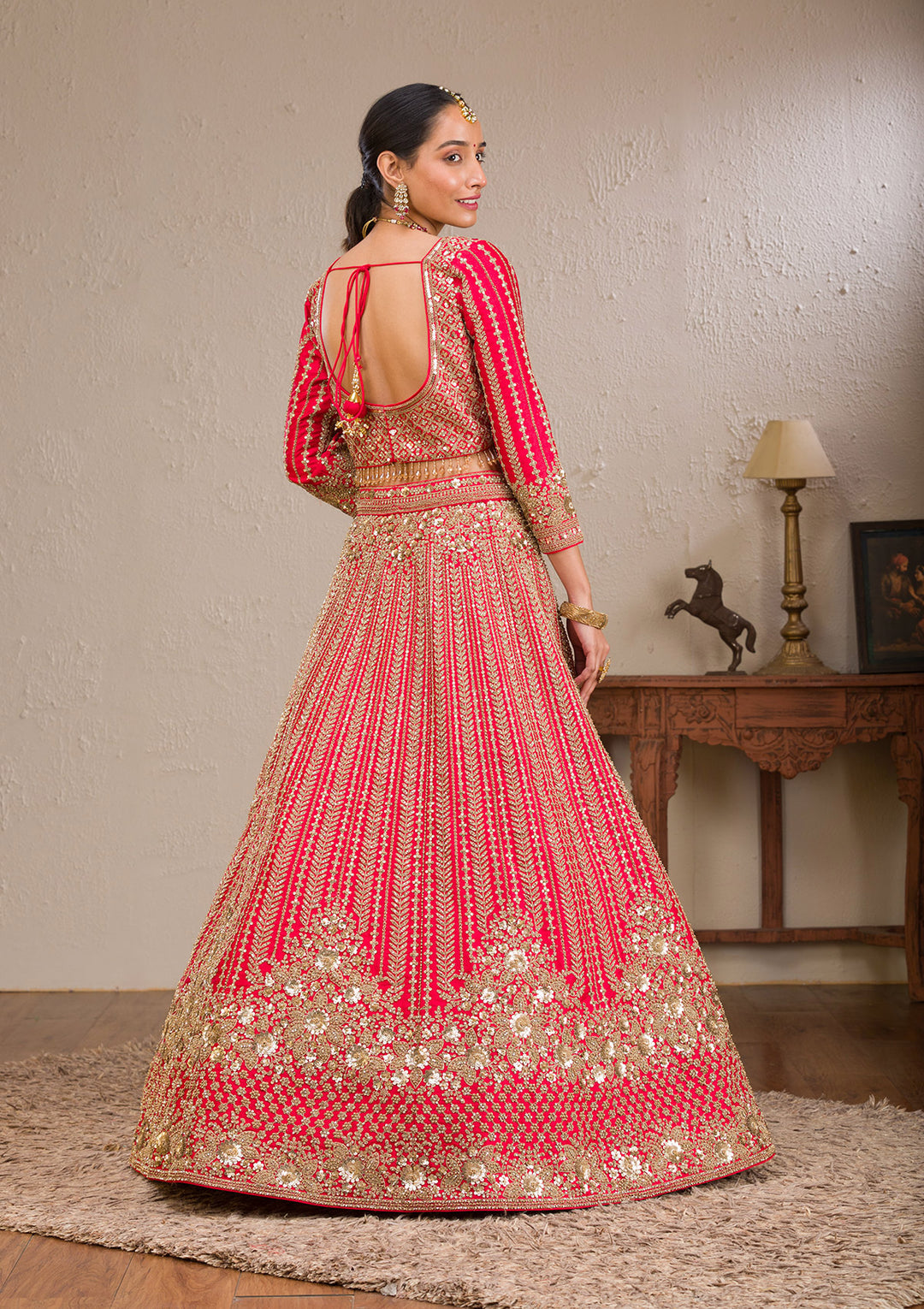 Red Zariwork Raw Silk Readymade Lehenga