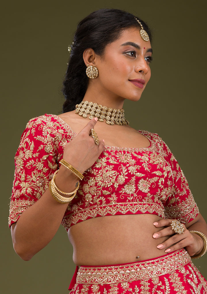 Red Zariwork Raw Silk Readymade Lehenga