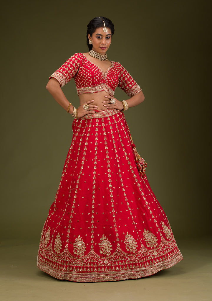 Red Zariwork Raw Silk Readymade Lehenga