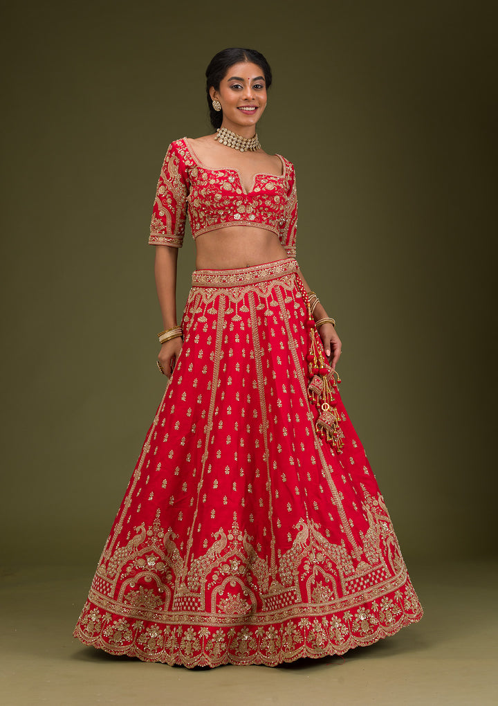 Red Zariwork Raw Silk Readymade Lehenga