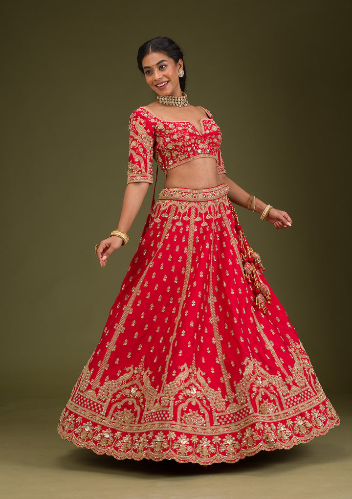 Red Zariwork Raw Silk Readymade Lehenga