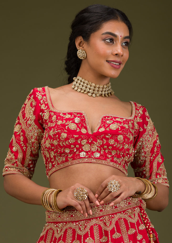 Red Zariwork Raw Silk Readymade Lehenga