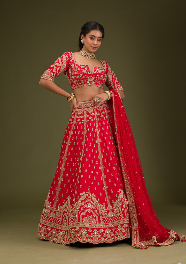 Red Zariwork Raw Silk Readymade Lehenga