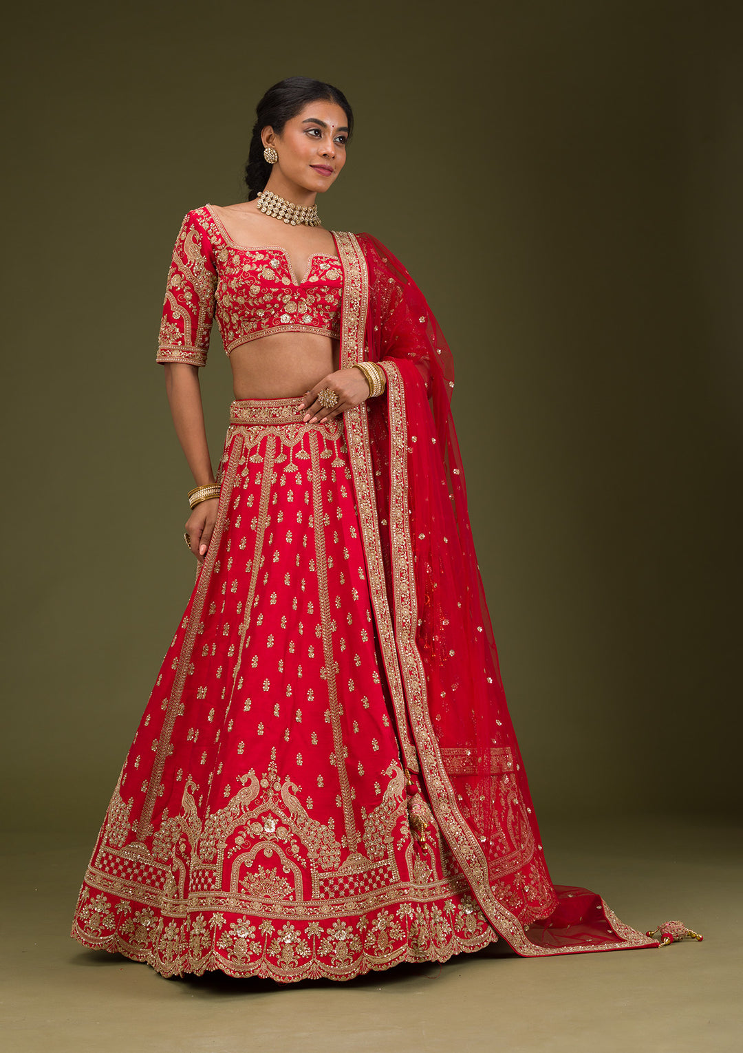Red Zariwork Raw Silk Readymade Lehenga