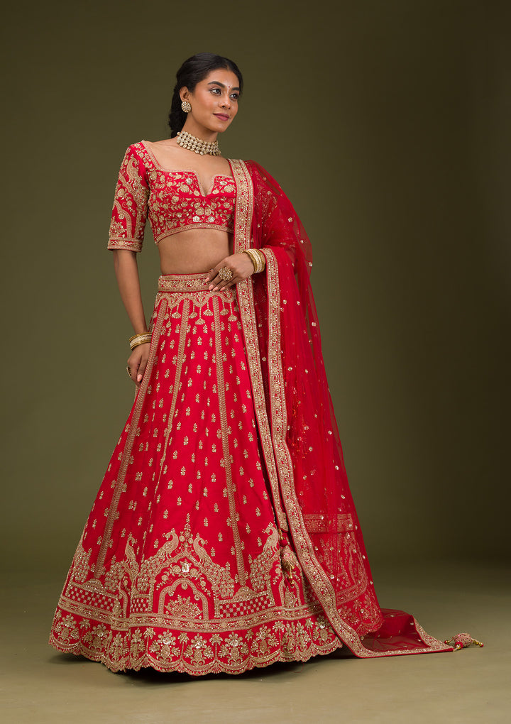 Red Zariwork Raw Silk Readymade Lehenga