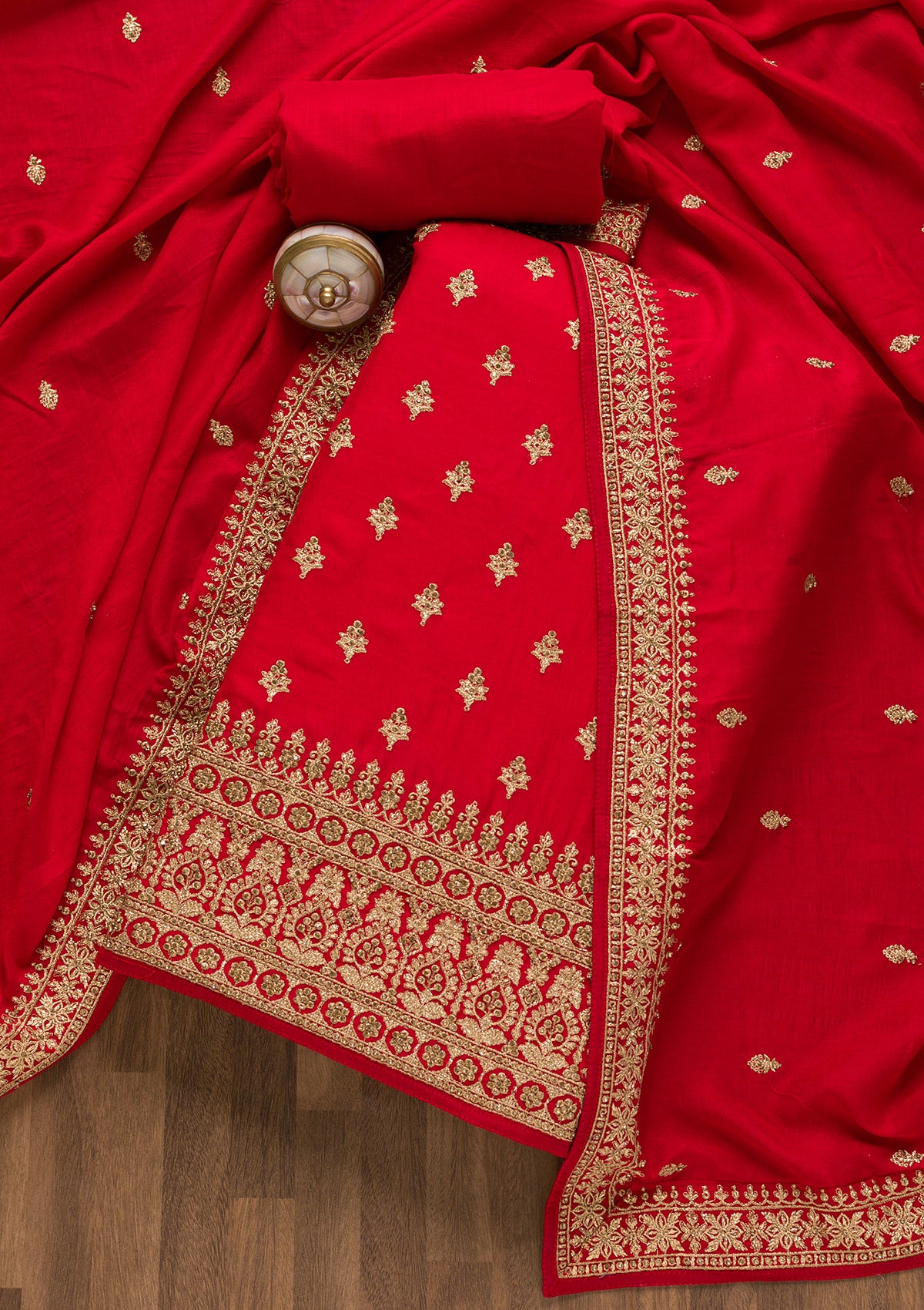 Red Zariwork Raw Silk Unstitched Salwar Suit
