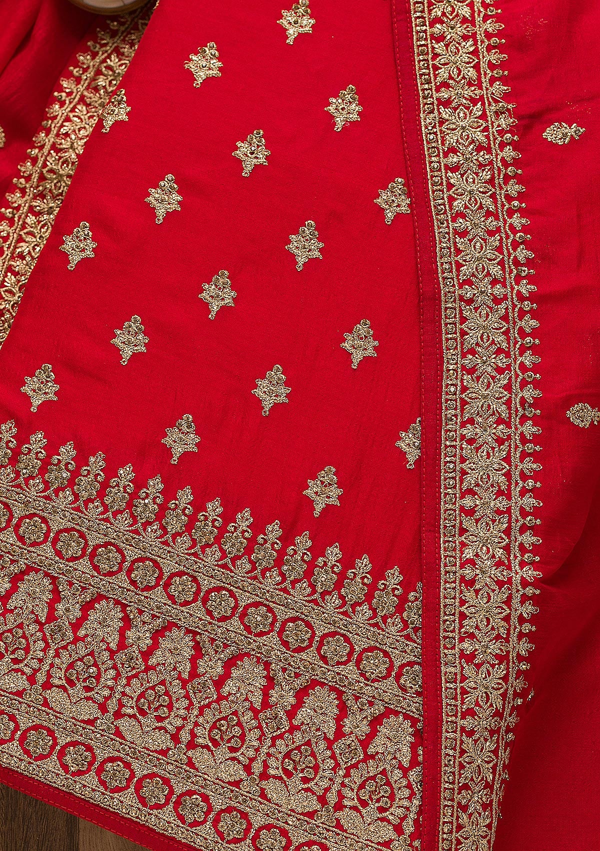 Red Zariwork Raw Silk Unstitched Salwar Suit
