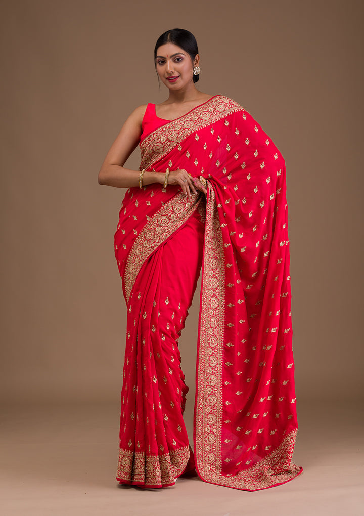 Red Zariwork Raw Silk Saree