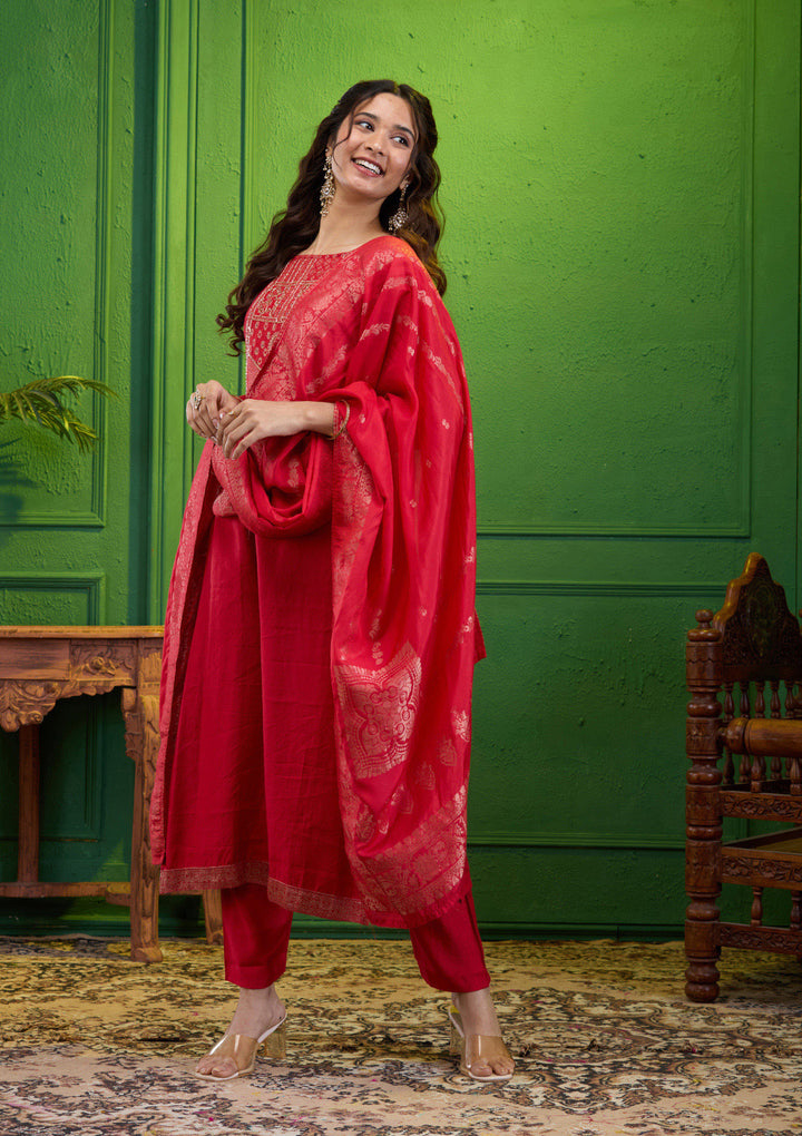 Red Zariwork Semi Crepe Readymade Salwar Suit