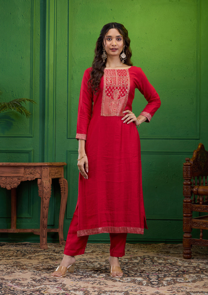 Red Zariwork Semi Crepe Readymade Salwar Suit
