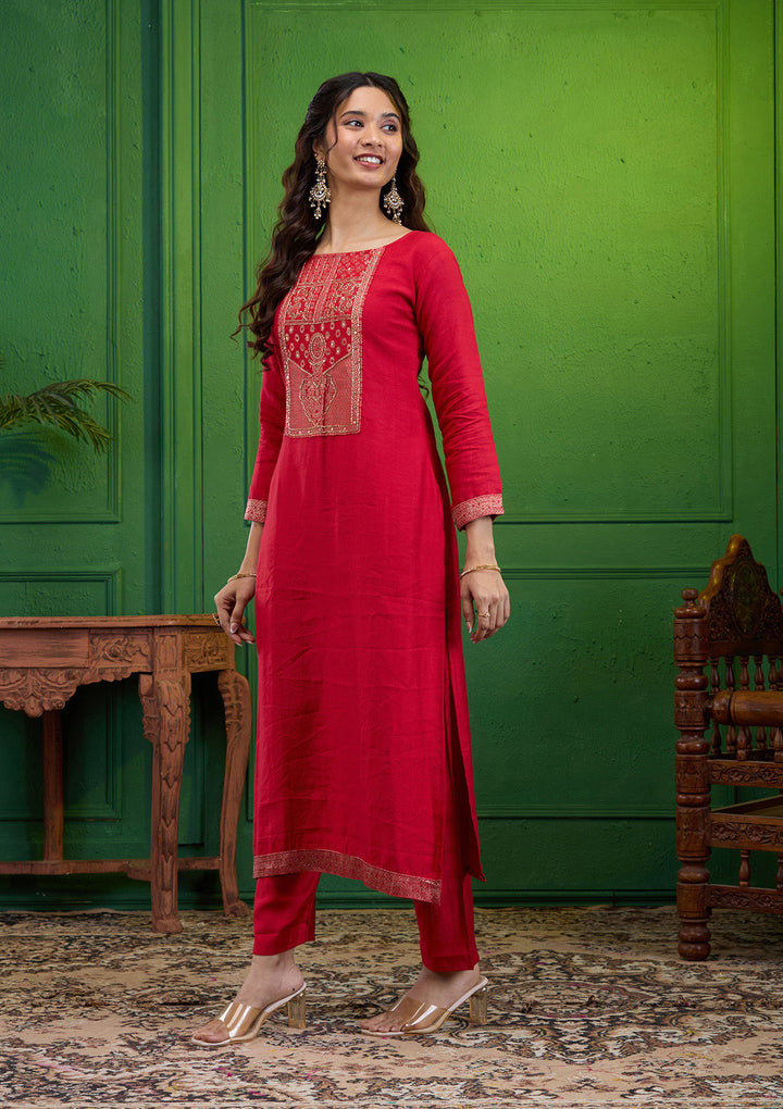 Red Zariwork Semi Crepe Readymade Salwar Suit