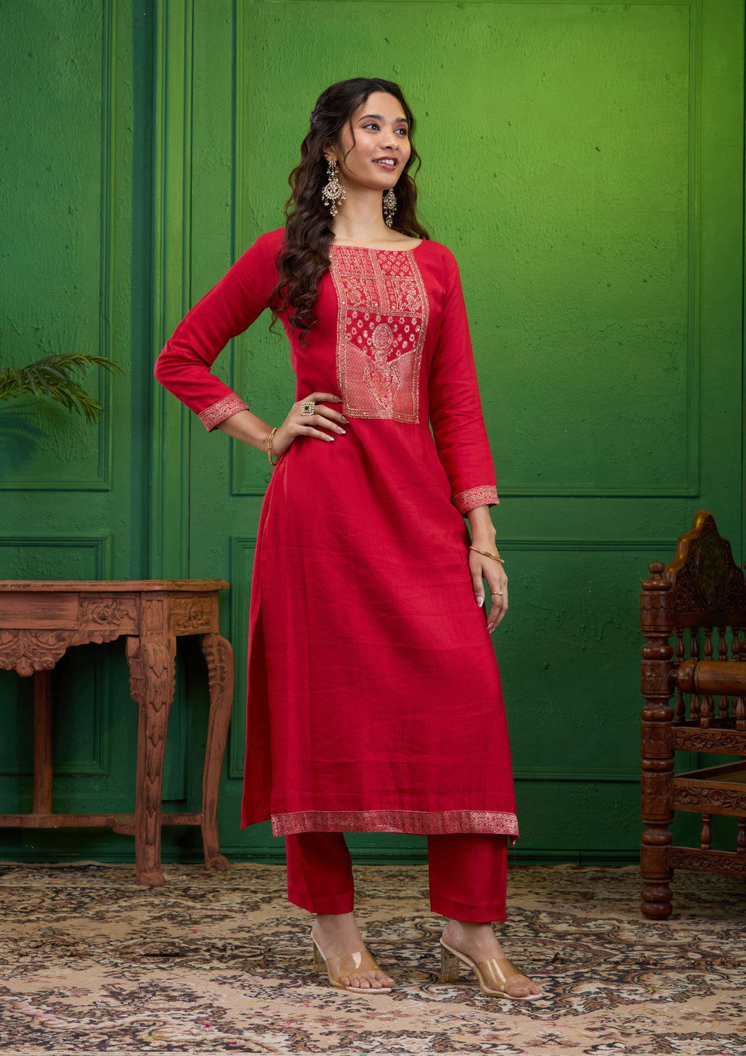 Red Zariwork Semi Crepe Readymade Salwar Suit