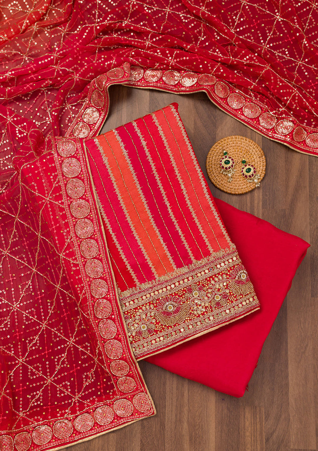 Red Zariwork Semi Crepe Unstitched Salwar Suit