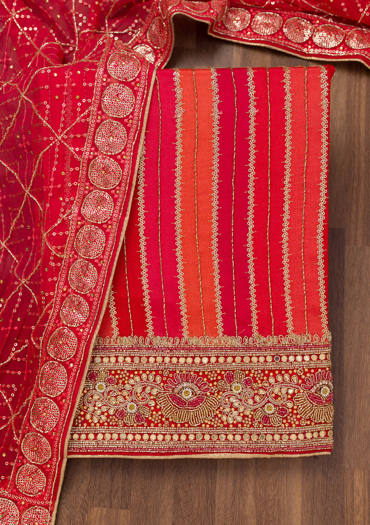 Red Zariwork Semi Crepe Unstitched Salwar Suit