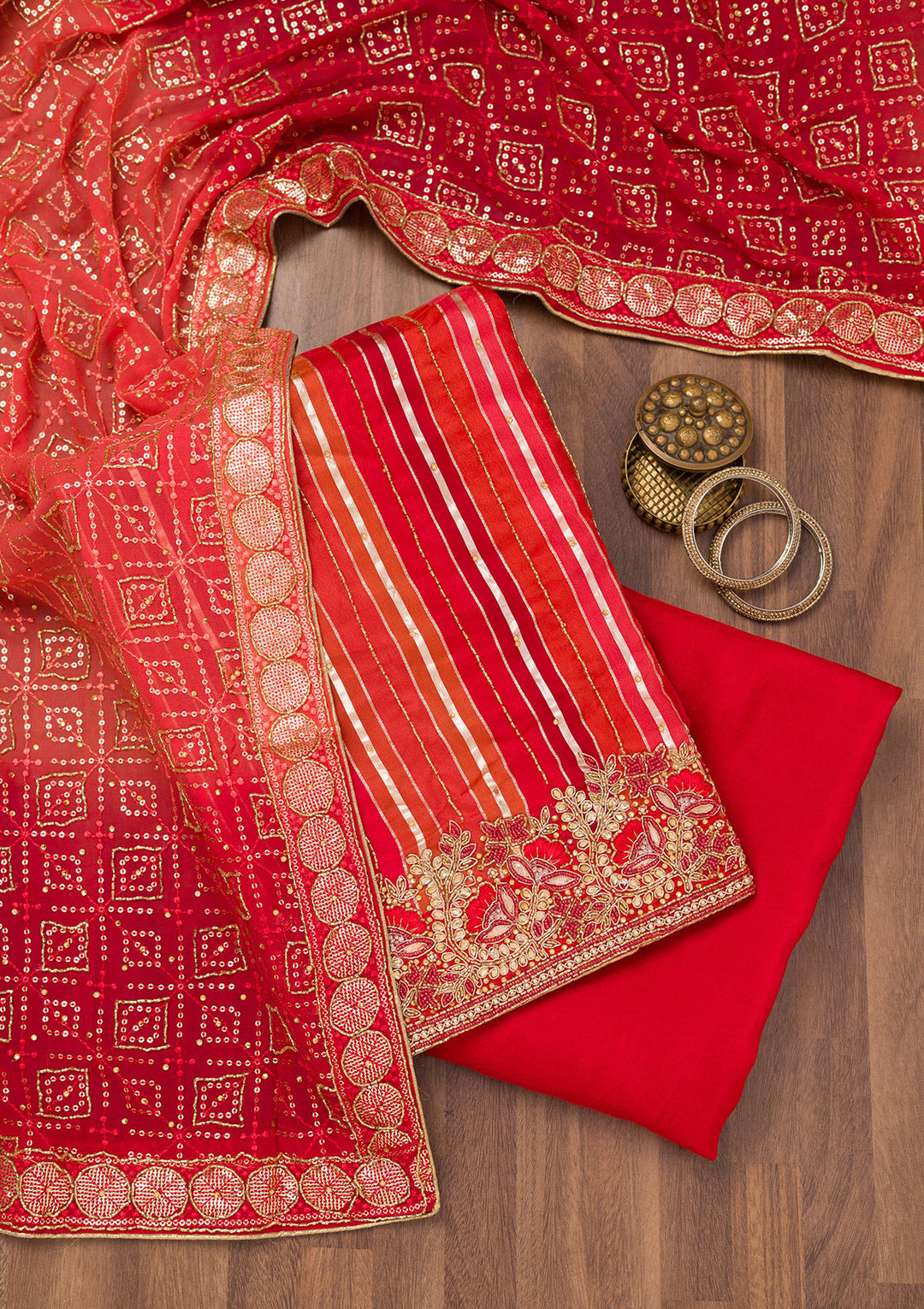 Red Zariwork Semi Crepe Unstitched Salwar Suit