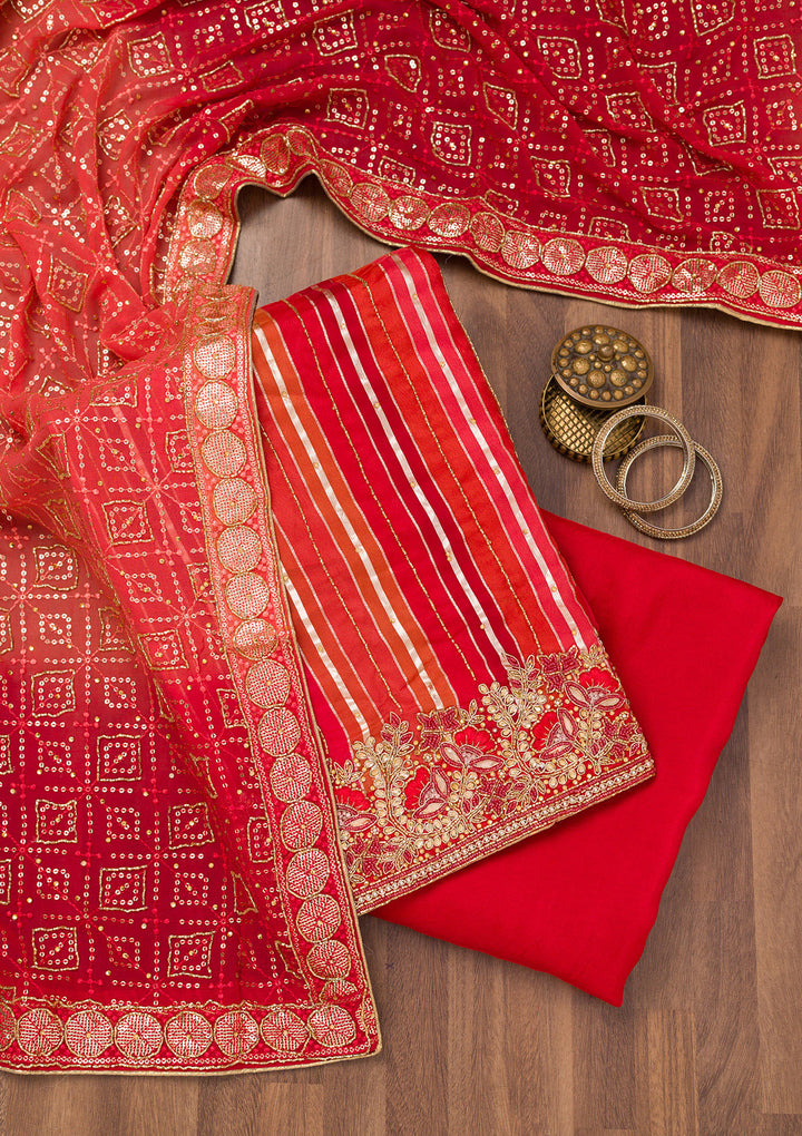 Red Zariwork Semi Crepe Unstitched Salwar Suit