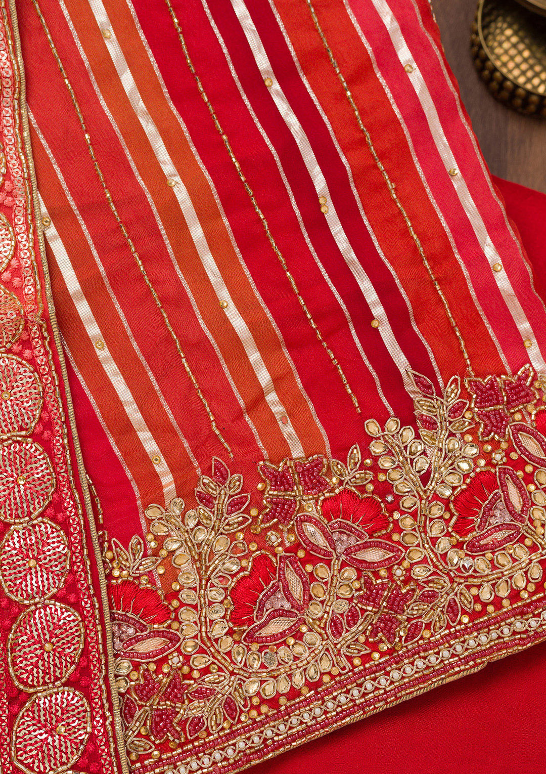Red Zariwork Semi Crepe Unstitched Salwar Suit