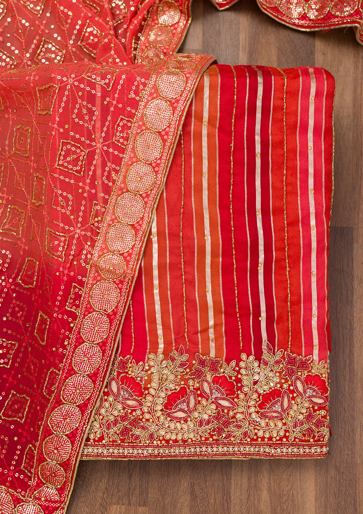 Red Zariwork Semi Crepe Unstitched Salwar Suit