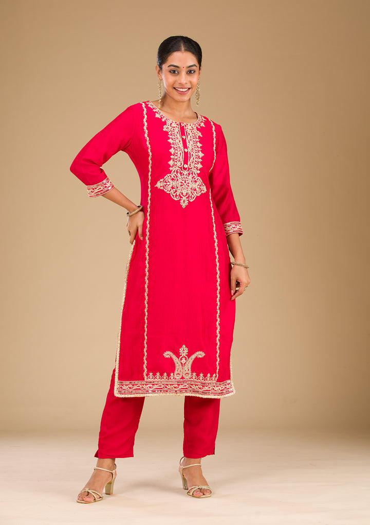 Red Zariwork Semi Crepe Readymade Salwar Suit