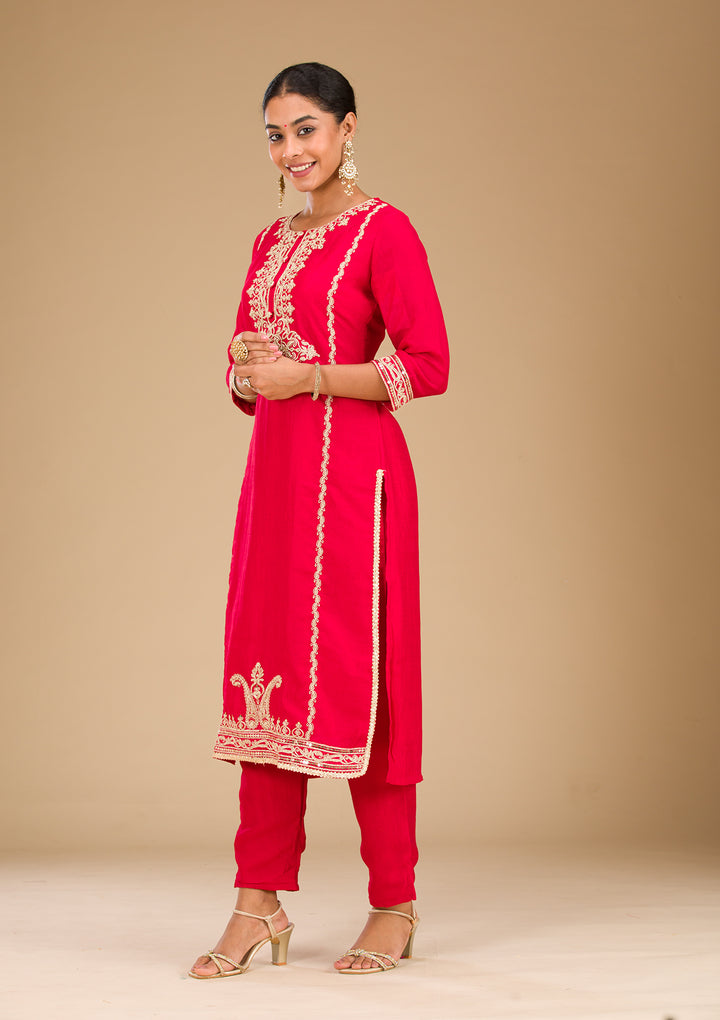 Red Zariwork Semi Crepe Readymade Salwar Suit