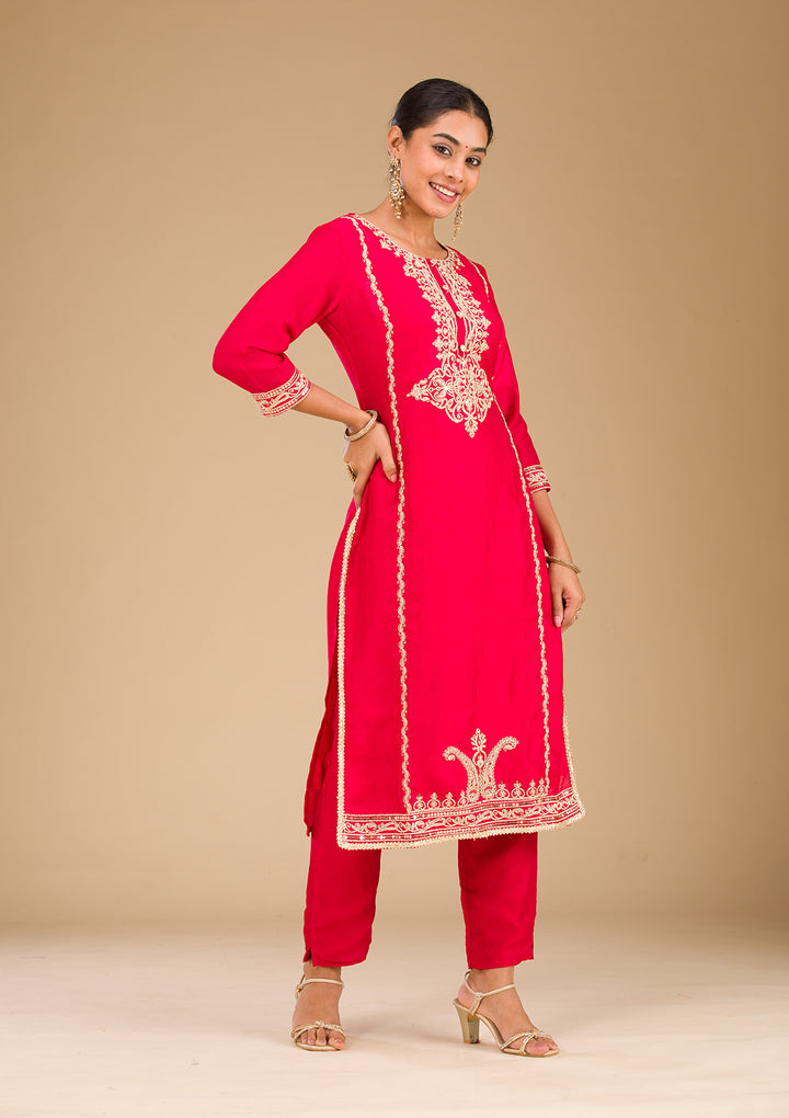 Red Zariwork Semi Crepe Readymade Salwar Suit