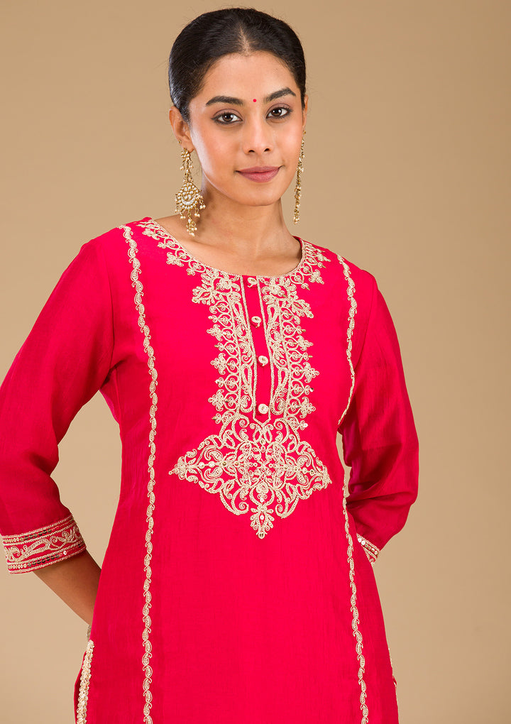 Red Zariwork Semi Crepe Readymade Salwar Suit