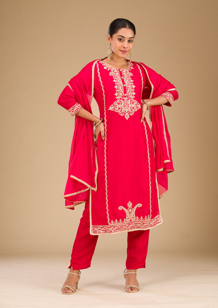 Red Zariwork Semi Crepe Readymade Salwar Suit