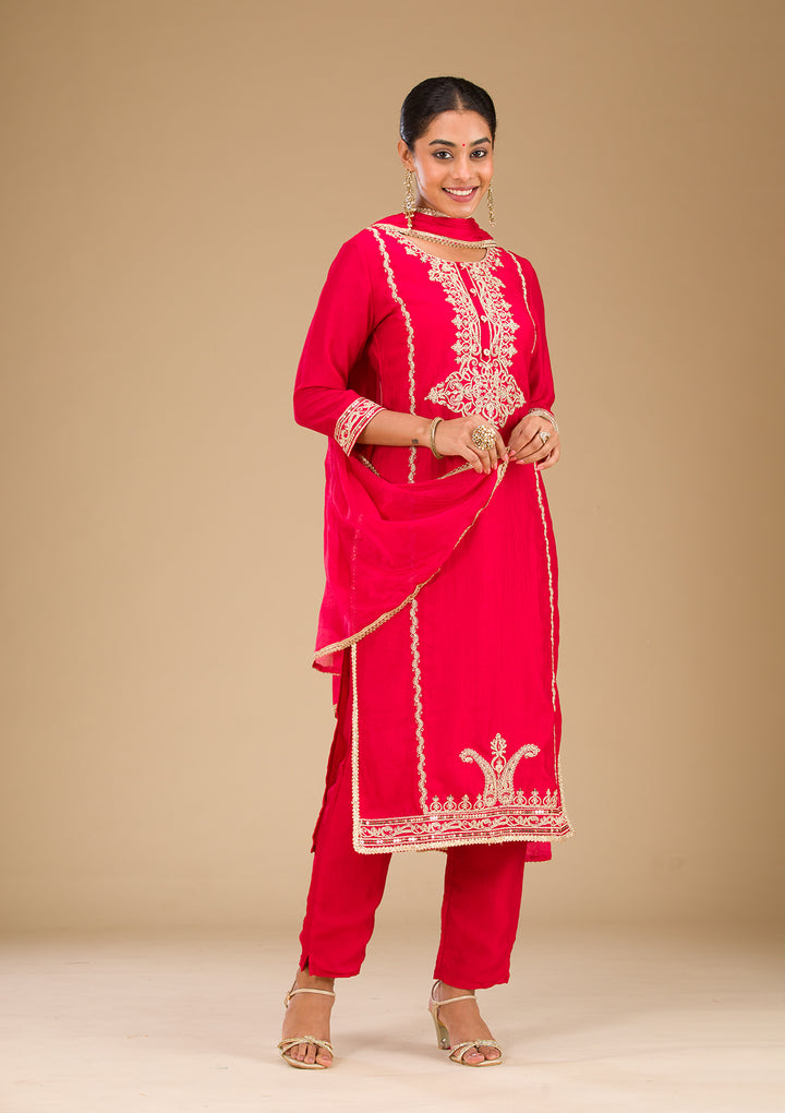 Red Zariwork Semi Crepe Readymade Salwar Suit