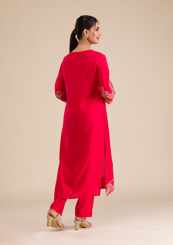 Red Zariwork Semi Crepe Readymade Salwar Suit