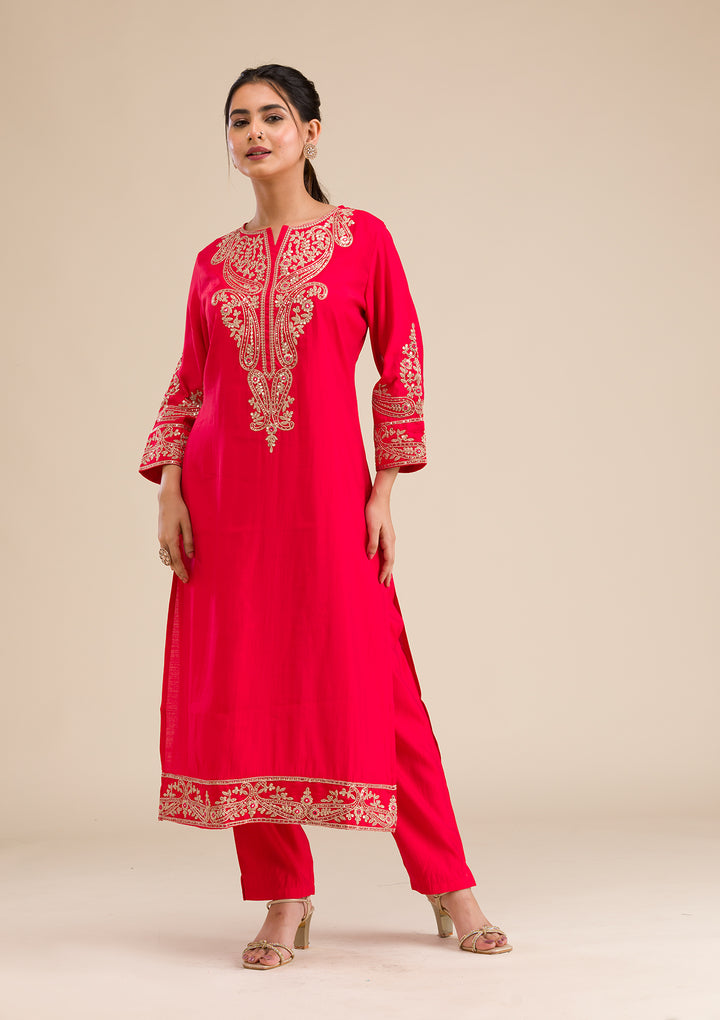 Red Zariwork Semi Crepe Readymade Salwar Suit