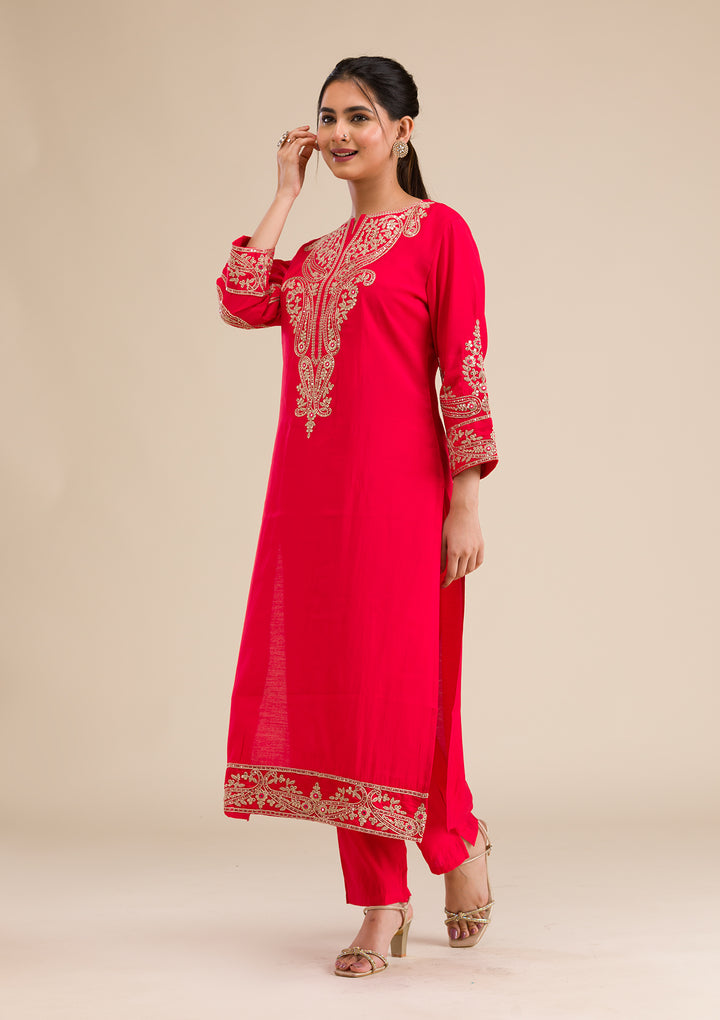 Red Zariwork Semi Crepe Readymade Salwar Suit
