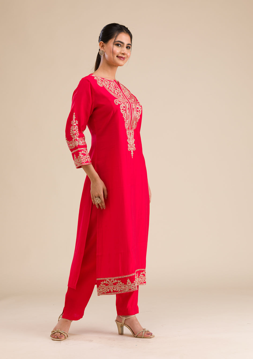 Red Zariwork Semi Crepe Readymade Salwar Suit