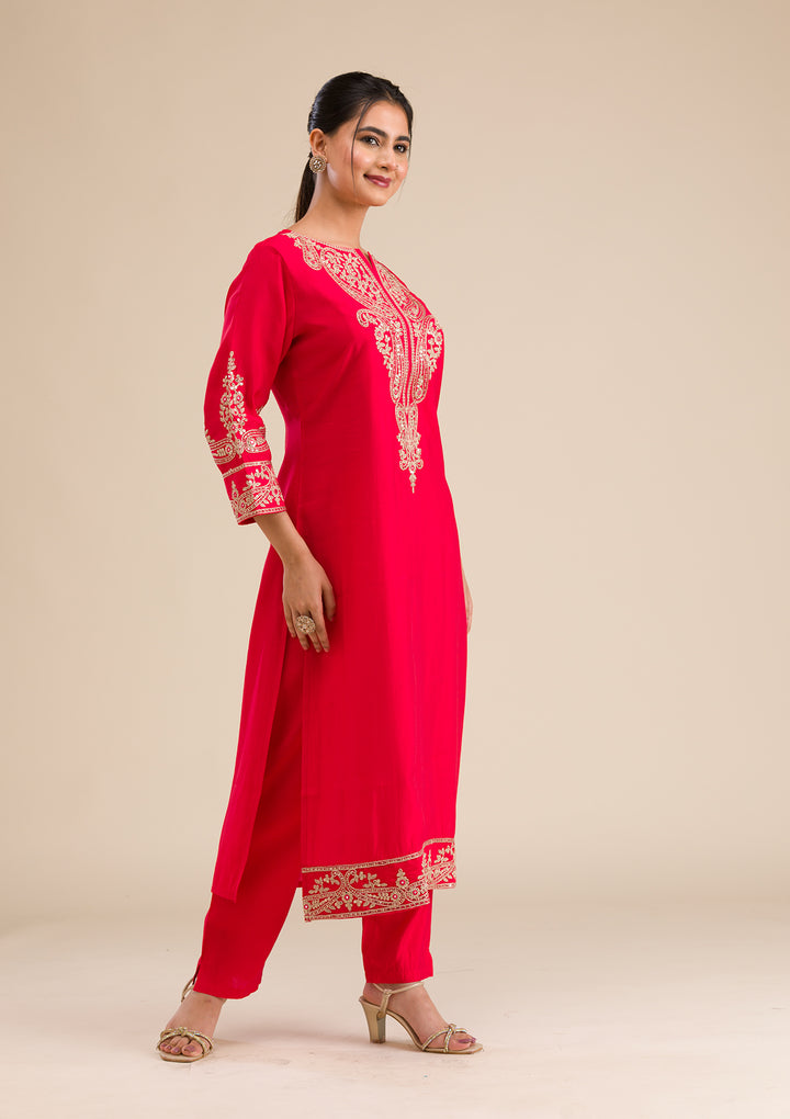 Red Zariwork Semi Crepe Readymade Salwar Suit