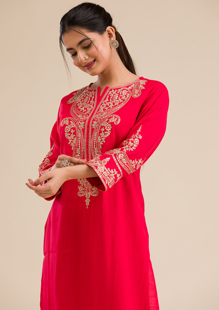 Red Zariwork Semi Crepe Readymade Salwar Suit