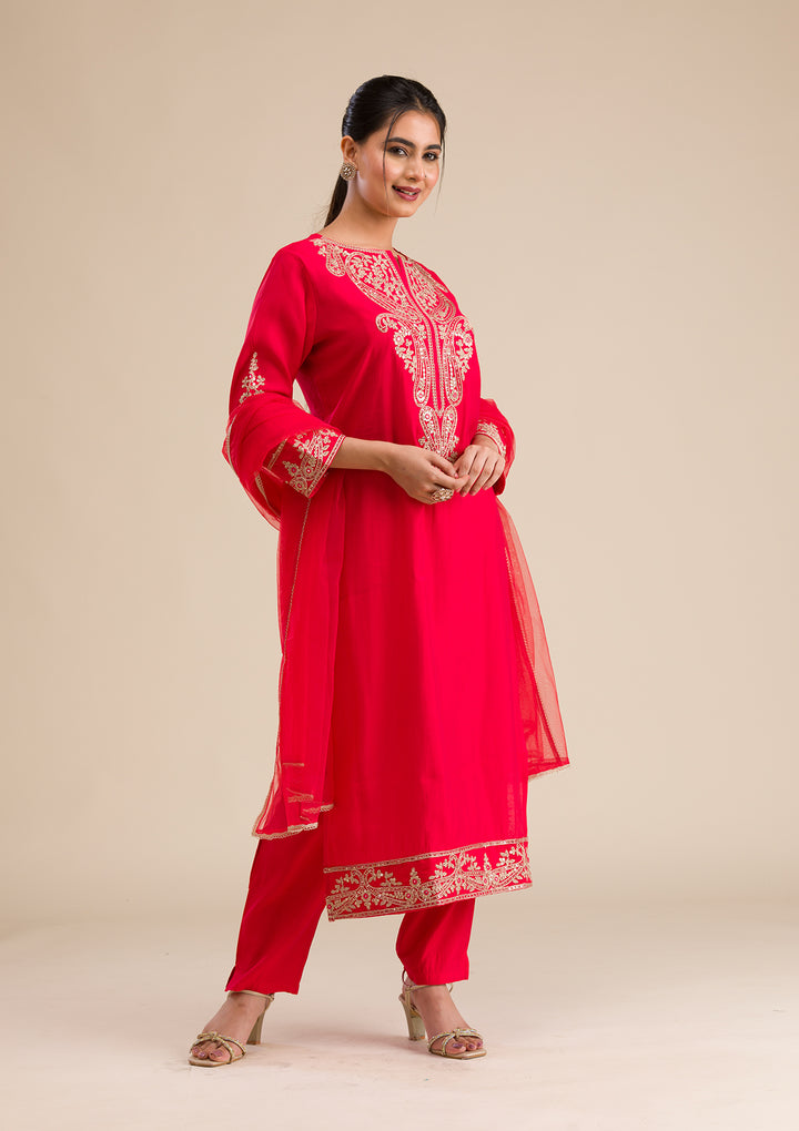 Red Zariwork Semi Crepe Readymade Salwar Suit