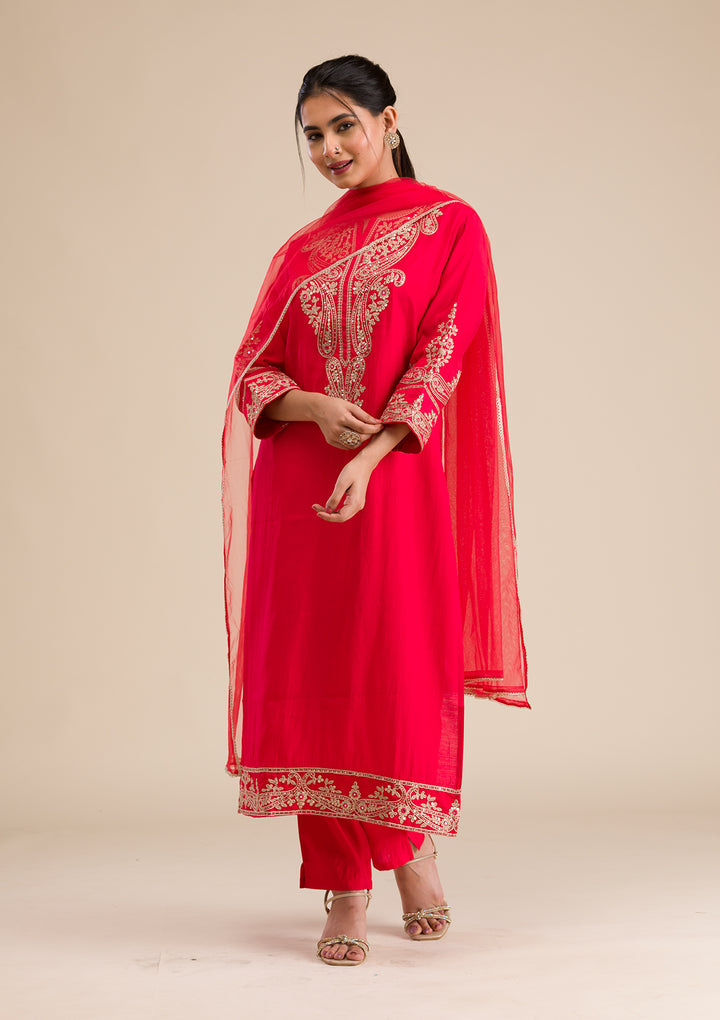 Red Zariwork Semi Crepe Readymade Salwar Suit