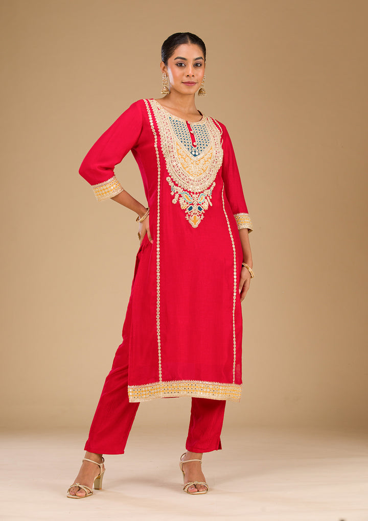 Red Zariwork Semi Crepe Readymade Salwar Suit