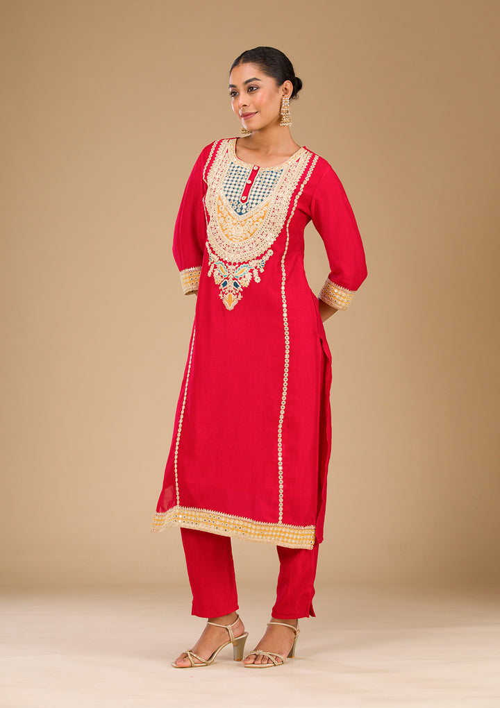 Red Zariwork Semi Crepe Readymade Salwar Suit