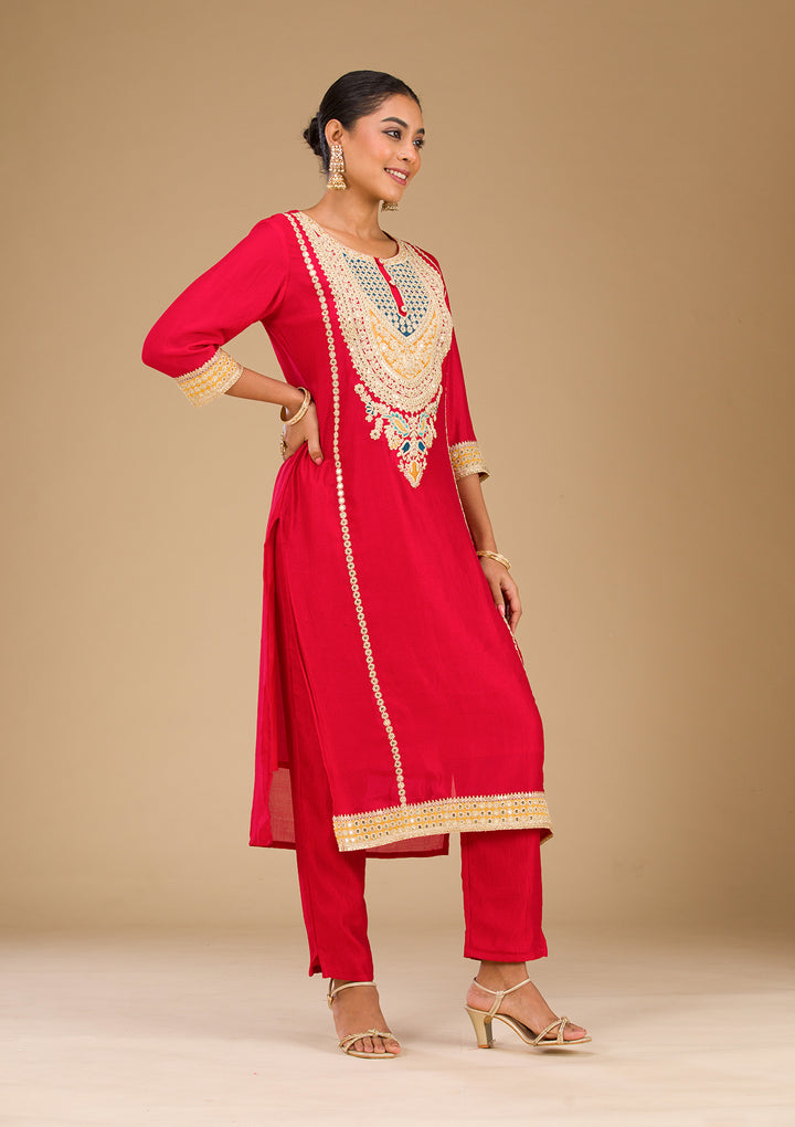 Red Zariwork Semi Crepe Readymade Salwar Suit