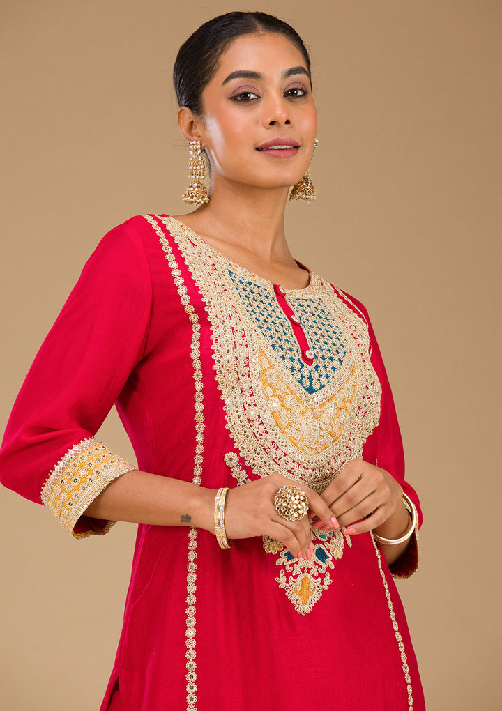 Red Zariwork Semi Crepe Readymade Salwar Suit