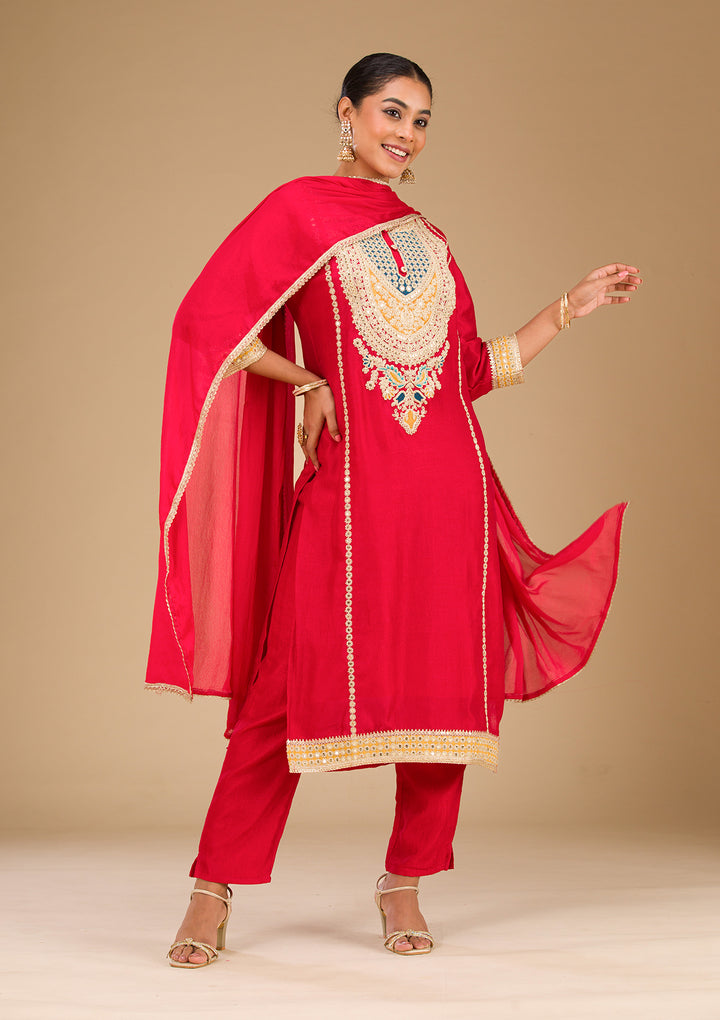 Red Zariwork Semi Crepe Readymade Salwar Suit