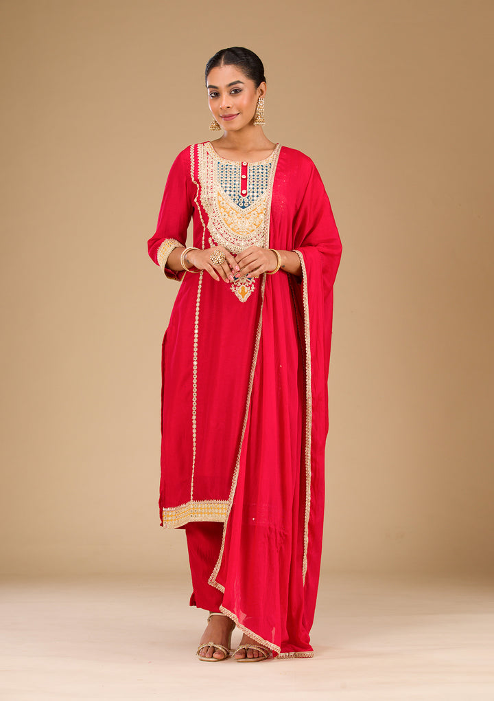Red Zariwork Semi Crepe Readymade Salwar Suit