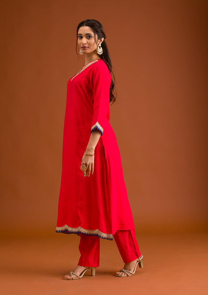 Red Zariwork Semi Crepe Readymade Salwar Suit
