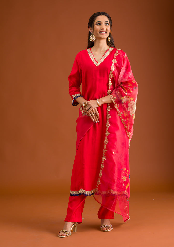Red Zariwork Semi Crepe Readymade Salwar Suit