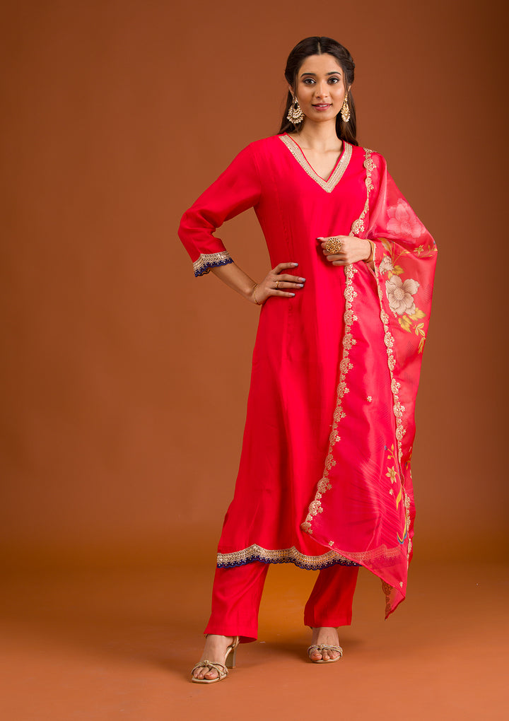 Red Zariwork Semi Crepe Readymade Salwar Suit