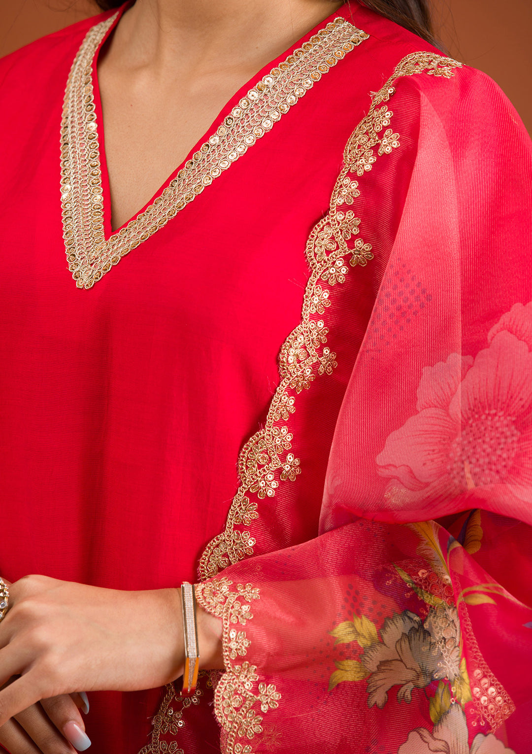 Red Zariwork Semi Crepe Readymade Salwar Suit