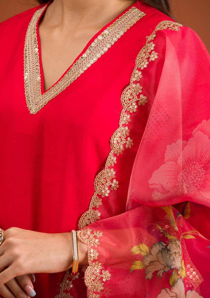 Red Zariwork Semi Crepe Readymade Salwar Suit