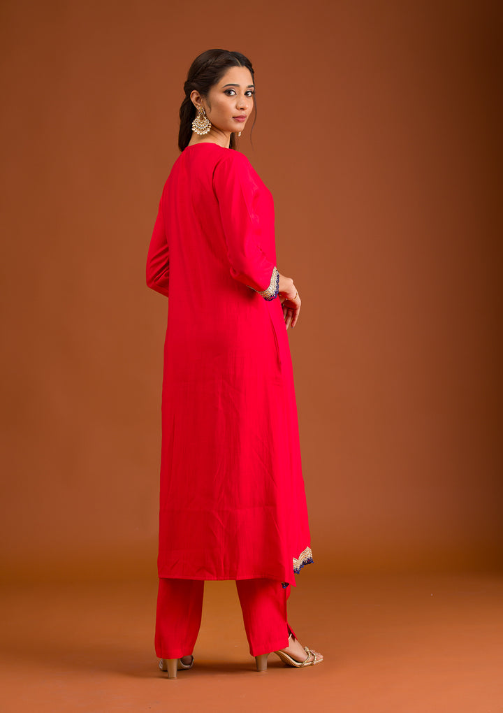 Red Zariwork Semi Crepe Readymade Salwar Suit