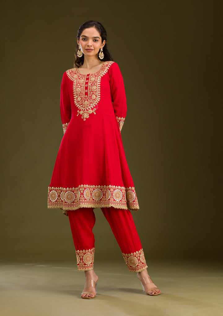 Red Zariwork Semi Crepe Readymade Salwar Suit